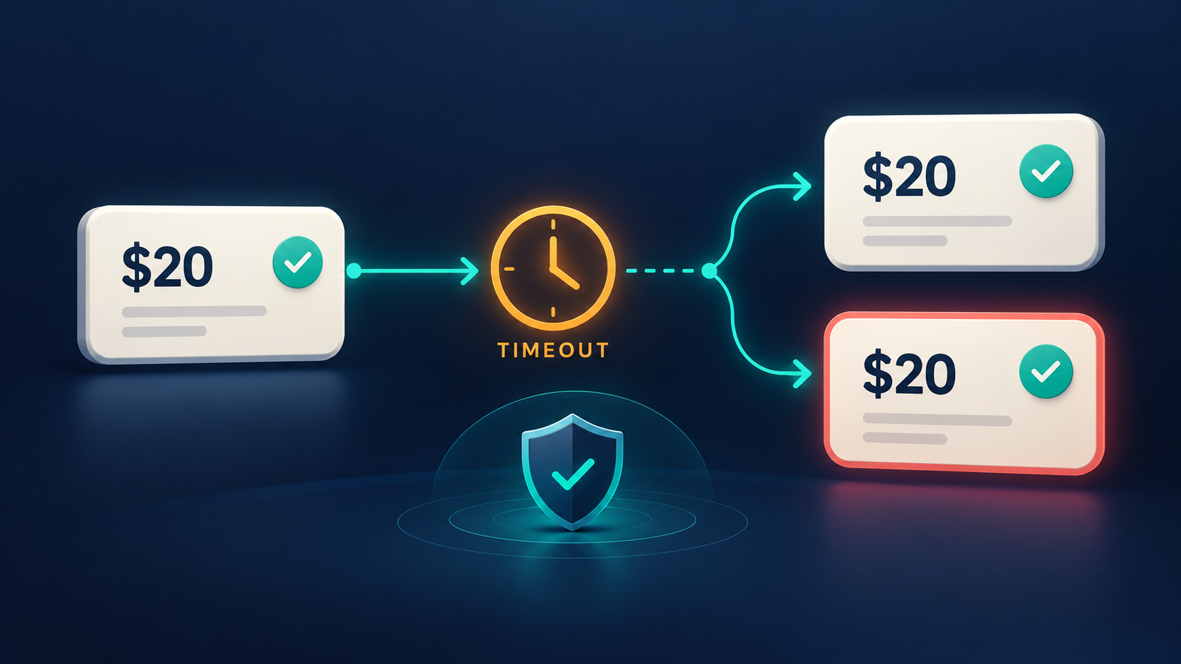 Illustration of a $20 refund branching into two refunds after a timeout.